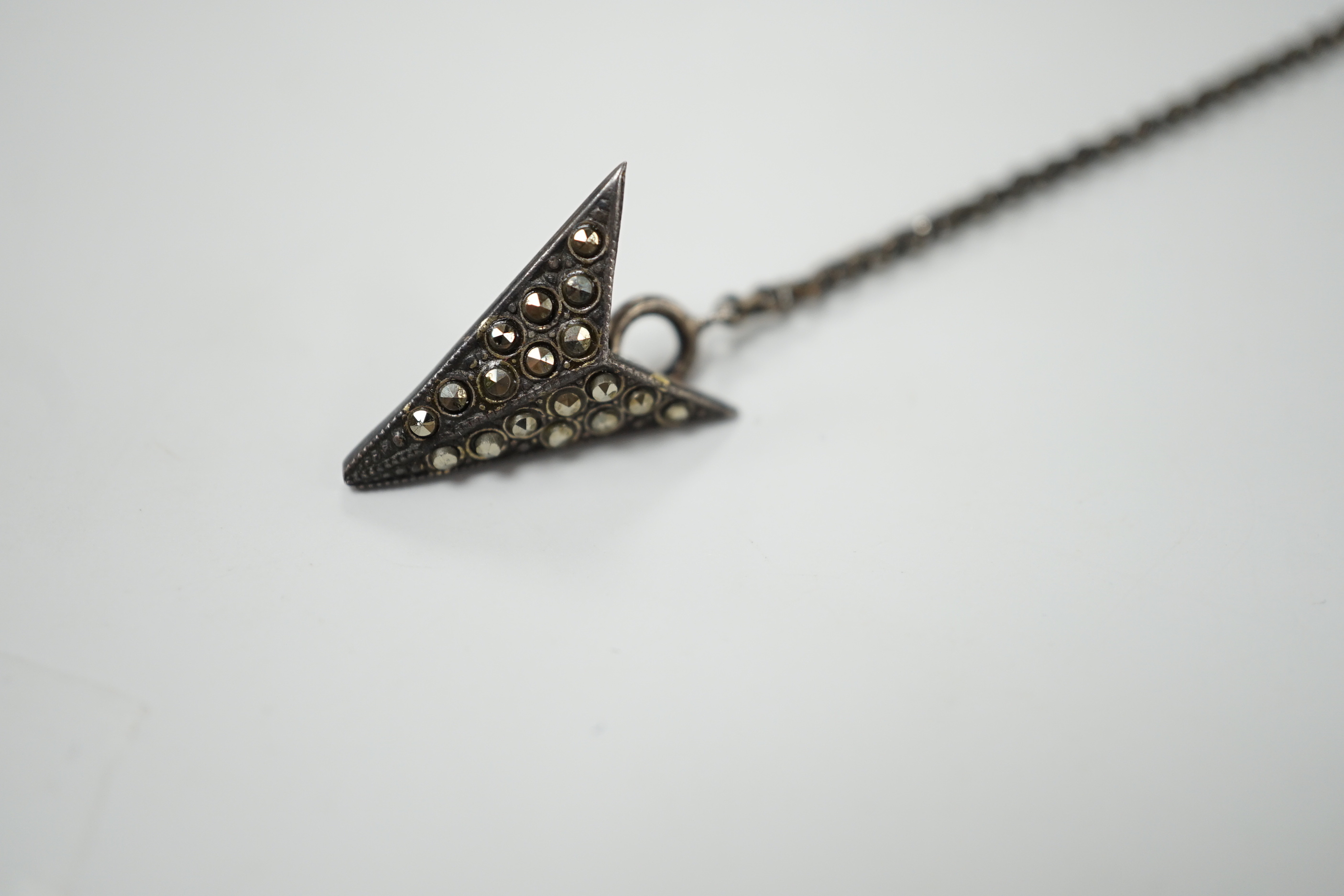 A 1920's rose quartz and marcasite set jabot? pin, 12.3cm.